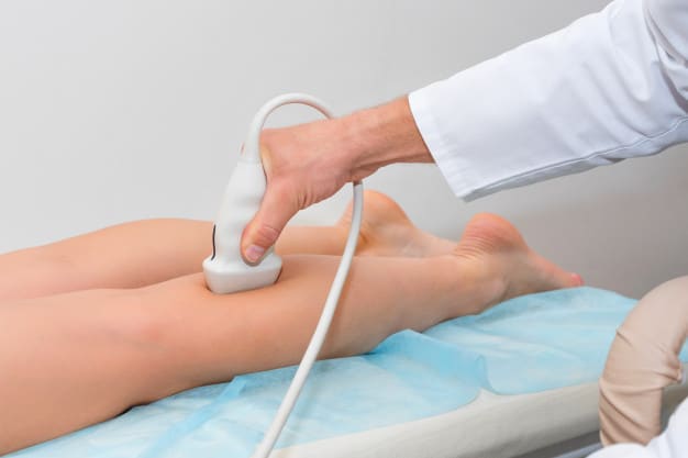 Ultrasound-therapy Doctor in white uniform with diagnostic equipment performs an ultrasound